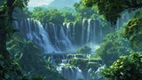  a painting of a waterfall in the middle of a jungle with birds flying over the waterfall and birds flying over the waterfall in the middle of the waterfall and the waterfall.