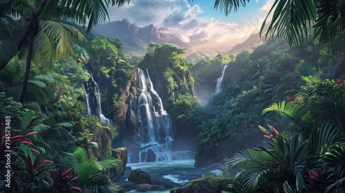  a painting of a waterfall in the middle of a jungle with lots of trees and plants on either side of the waterfall  and a mountain in the distance is a blue sky with clouds.