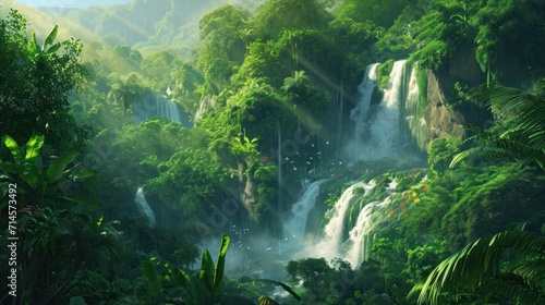  a painting of a waterfall in the middle of a jungle with lots of trees and plants on the sides of the waterfall is a bird s - eye view.