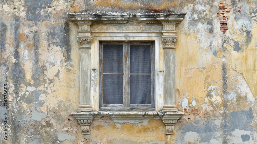 a window on the side of a building with peeling paint on the walls and below it is a window with a curtain in the middle of the window and below the window. a window on the side of a building with peeling paint on the walls and below it is a window with a curtain in the middle of the window and below the window.