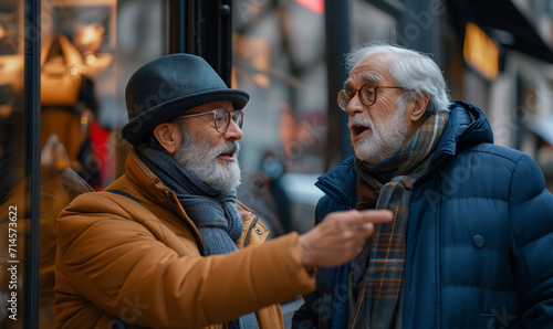 Senior male friends discussing with each other at street. photo