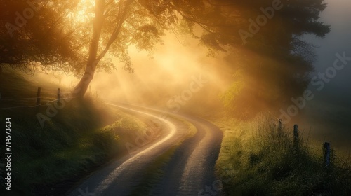  the sun shines brightly through the trees on a foggy day in the country side of a country road in the country side of the country side of the road.