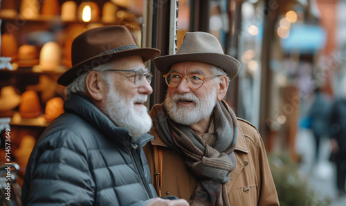 Senior male friends discussing with each other at street.