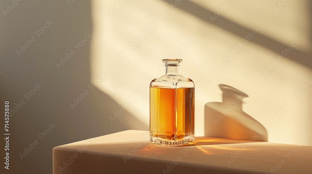 a bottle of oil sitting on top of a table next to a shadow of a light shining on the wall and a shadow of a bottle of liquid on the table. a bottle of oil sitting on top of a table next to a shadow of a light shining on the wall and a shadow of a bottle of liquid on the table.
