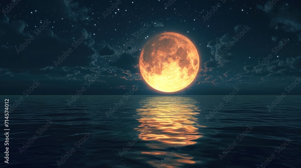  a full moon rising over a body of water with a reflection of the moon in the water and stars in the sky above the water and in the sky above the water.