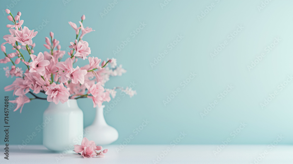 Elegant Soft Pink Blossoms in White Vases on Pastel Blue Background - Minimalist Floral Arrangement Design Elegant Soft Pink Blossoms in White Vases on Pastel Blue Background - Minimalist Floral Arrangement Design