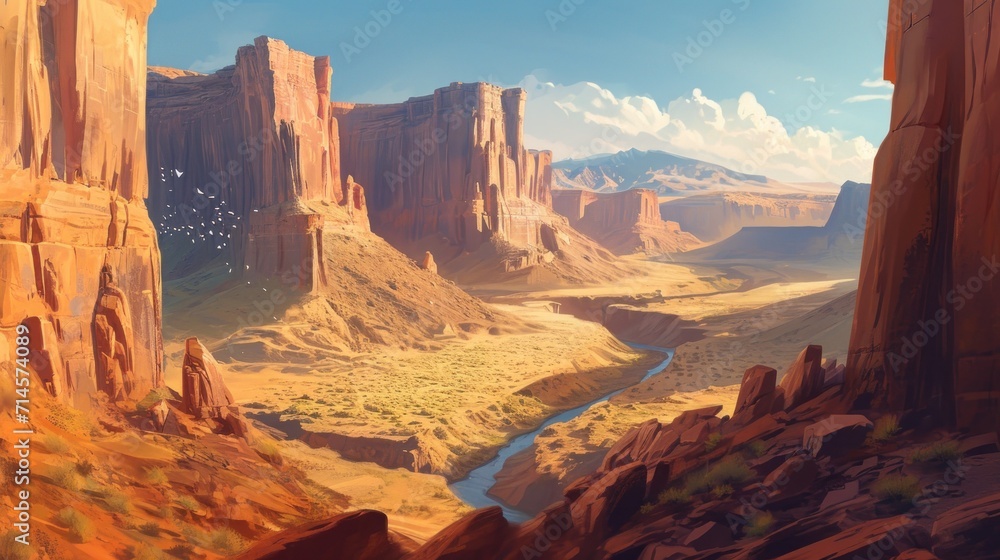  a painting of a desert scene with a river running through the middle of the desert, and mountains in the distance with birds flying in the sky above the area.