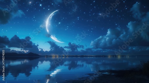  a night sky with the moon and stars reflected in the still water of a lake with a mountain in the distance and clouds in the foreground and a blue sky with a few stars.