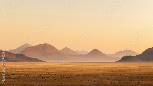 a group of mountains in the distance with a desert in the foreground with a few animals in the foreground  and a hazy sky with no clouds in the background.