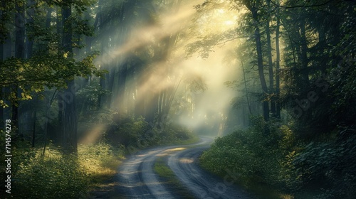  a dirt road in the middle of a forest with sunbeams coming out of the trees on either side of the road and light coming through the trees on the other side of the road. © Olga