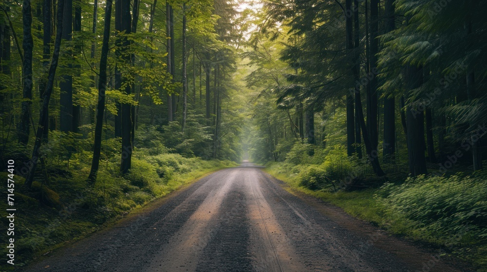  a dirt road in the middle of a forest with lots of trees on both sides of the road and a light at the end of the road in the middle of the middle of the road.