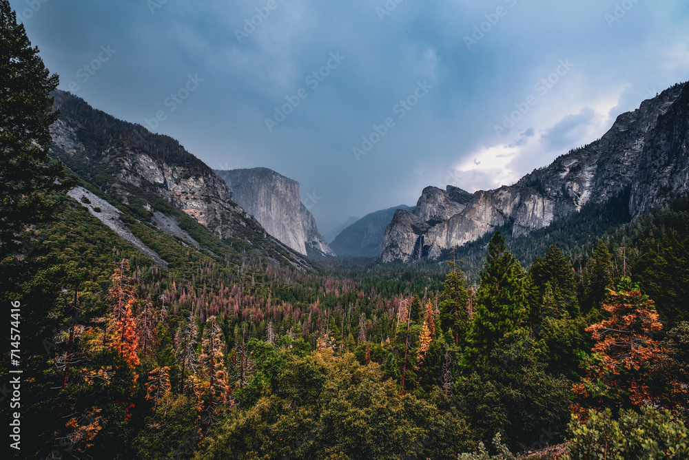 The Beautiful Tunnel View of Yosemite National Park on a Cloudy Day - California, USA