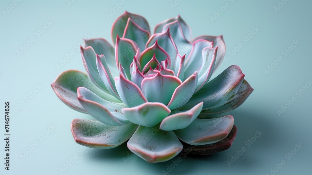 a close up of a succulent plant on a light blue background with a pink center and pink tips on the top of the succulents of the succulent. a close up of a succulent plant on a light blue background with a pink center and pink tips on the top of the succulents of the succulent.