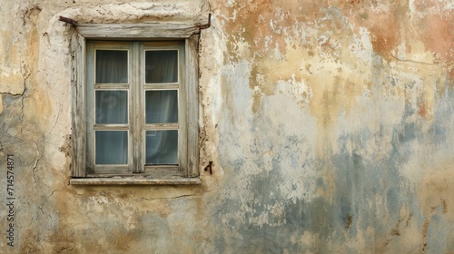  an old building with a window with a curtain on the window sill and a rusted wall with peeling paint and peeling paint on the side of the wall. © Olga