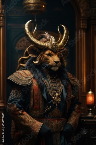 A warrior with a lion's head in luxurious clothing.