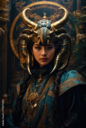 Female warrior wearing an insect-shaped helmet
