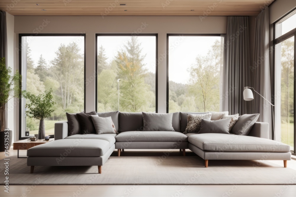 Interior home design of modern living room with gray corner sofa and large windows of country house in forest with copy space Interior home design of modern living room with gray corner sofa and large windows of country house in forest with copy space