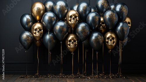 Black and gold balloons with a skull pattern