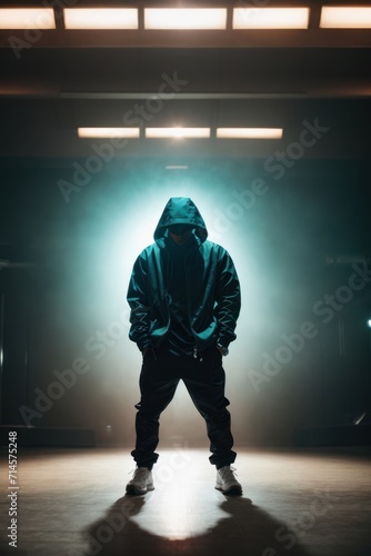Silhouette of b boy dancer on dance floor with neon lights