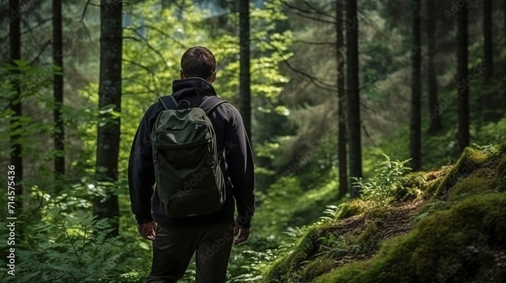 A man with a backpack hiking in the woods