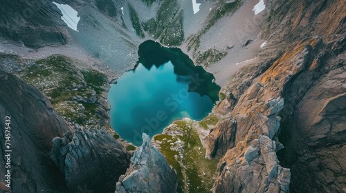  an aerial view of a mountain lake surrounded by large rocks and a steep cliff with a blue pool of water in the middle of the middle of the mountain range.