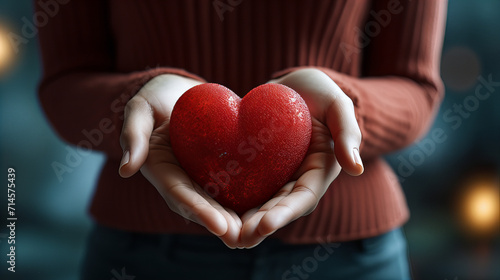 Heartfelt Offering  Hands cradle a red heart symbol with care  set against a soft  blurred background  representing love  giving  and compassion