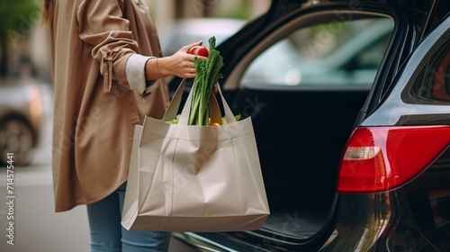 The girl loads a bag of groceries into the car photo