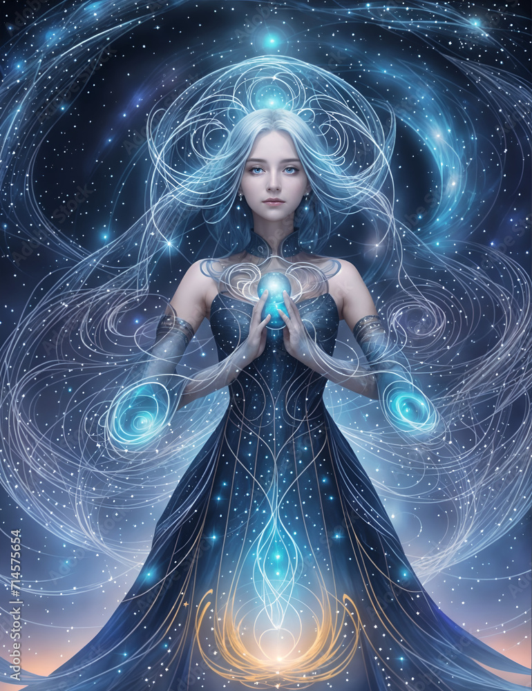 A woman with long, flowing silver hair and a beautiful blue dress ...