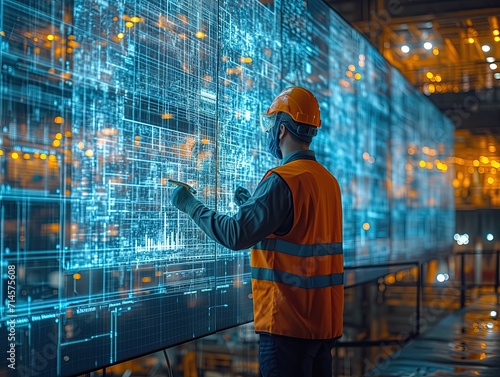 The table at the center of the construction site is filled with engineering diagrams and documents laid out. Each engineer is pointing out and interpreting the content displayed on a large touchscreen © Pattarin
