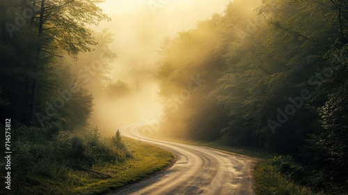  a foggy road in the middle of a forest with trees on both sides of the road and the sun shining through the trees on the other side of the road.