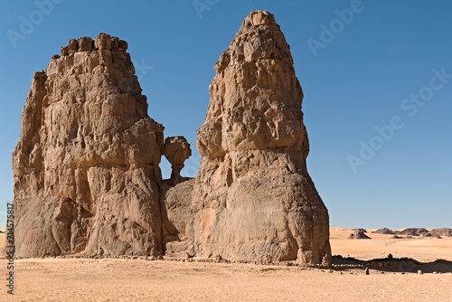 Rock formations in the tourist area of Tegharghart  near the town of Djanet. Tassili n Ajjer National Park. Sahara desert. Algeria. Africa.