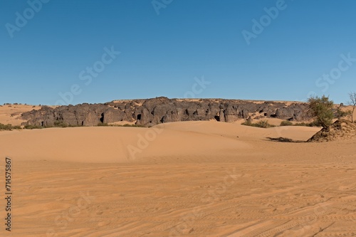 Rock formations in the tourist area of Tegharghart, near the town of Djanet. Tassili n Ajjer National Park. Sahara desert. Algeria. Africa.