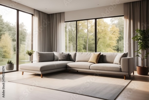 Interior home design of modern living room with gray corner sofa and large windows of country house in forest with copy space © Basileus