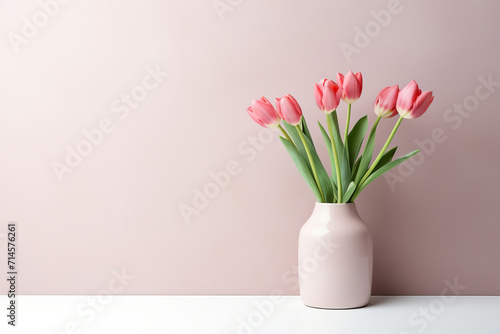 Elegant interior: glass vase with pink tulip bouquet on table. Stylish home decor. AI Generative. photo