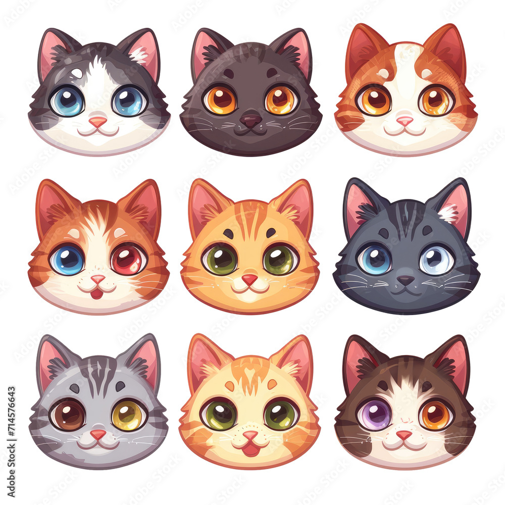 set of cartoon cat heads on a transparent background, Ai Generated Images set of cartoon cat heads on a transparent background, Ai Generated Images