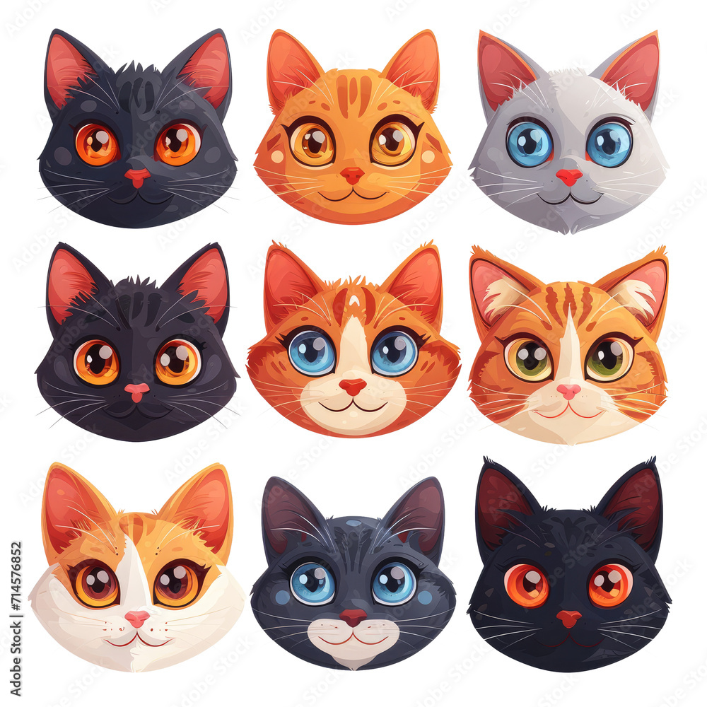 set of cartoon cat heads on a transparent background, Ai Generated Images set of cartoon cat heads on a transparent background, Ai Generated Images