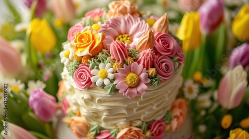 a close up of a cake with flowers on the top of it and a bouquet of tulips in the middle of the cake on the bottom of the cake.