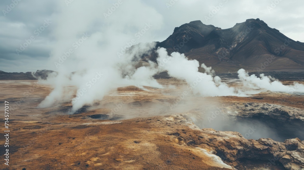 a group of geysers spewing out of the ground in front of a mountain with a sky filled with clouds and a few mountains in the background.