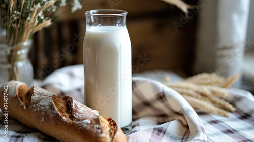  a bottle of milk next to a loaf of bread and a glass of milk on a checkered tablecloth with a vase of flowers and a florist in the background.
