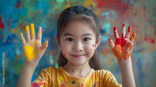 A smiling Asian girl showing her hands full of paint.