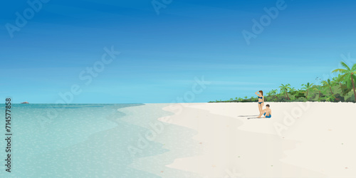 Couple of lover at the beach and tropical blue sea vector illustration. Journey of sweetheart concept flat design.