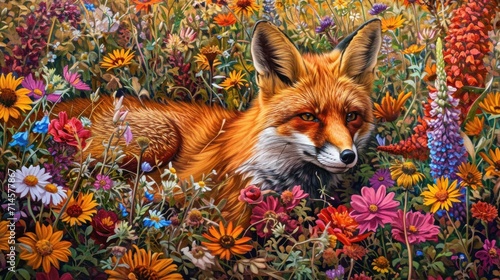  a painting of a red fox laying in a field of wildflowers and daisies, with its eyes closed, with a background of wildflowers and other flowers in the foreground.