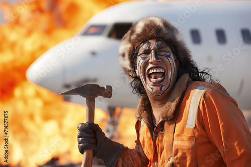 Funny image of DEI ideology in aviation - primitive caveman hired as aircraft maintenance mechanic because of diversity, holding hammer, having accidentally set the plane on fire photo