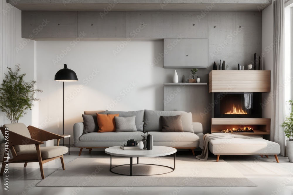 Scandinavian interior home design of modern living room with gray corner sofa and shelf wall with fireplace on concrete wall with copy space Scandinavian interior home design of modern living room with gray corner sofa and shelf wall with fireplace on concrete wall with copy space