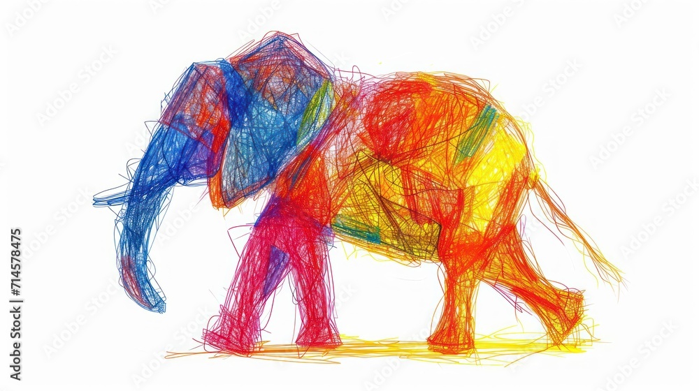Obraz premium a drawing of a multicolored elephant on a white background with a red, yellow, blue, green, and orange elephant on it's left side.