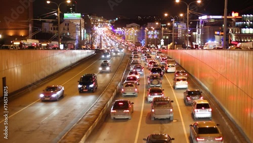 Traffic jam at night in Sadovoe koltso in Moscow.  photo