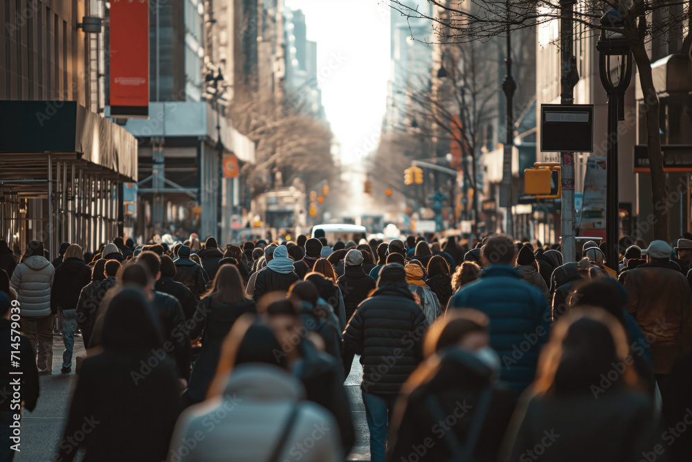 An anonymous crowd of people walking around the metropolis street