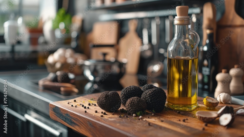  a wooden cutting board topped with a bottle of oil and three black truffles on top of a wooden cutting board next to a knife and other kitchen utensils.