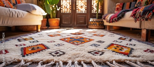 Wool carpet with geometric pattern, handmade in Morocco, Africa.