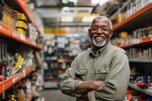 smiling and laughingafrican middle aged man in a hardware warehouse standing selects a repair tool photo